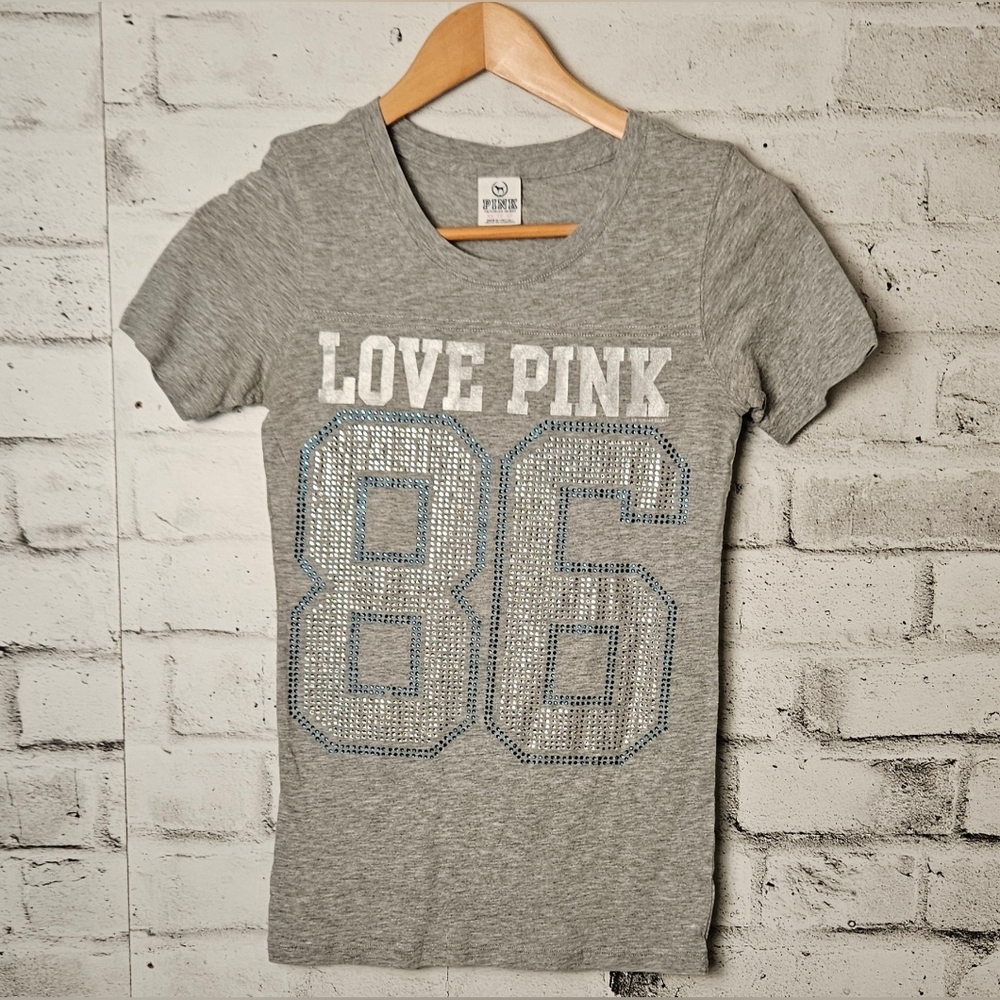 PINK Victoria’s Secret Rhinestone Logo Tee Y2K Grey XS Love Pink 86